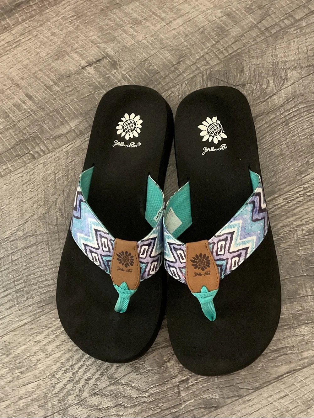 Yellow Box Flip Flops with Turquoise & Patterned Straps - Picture 3 of 4